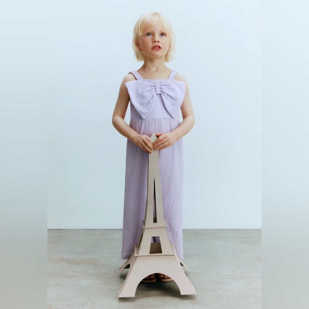Zara girl bow textured jumpsuit light mauve size 2-3Y NWT